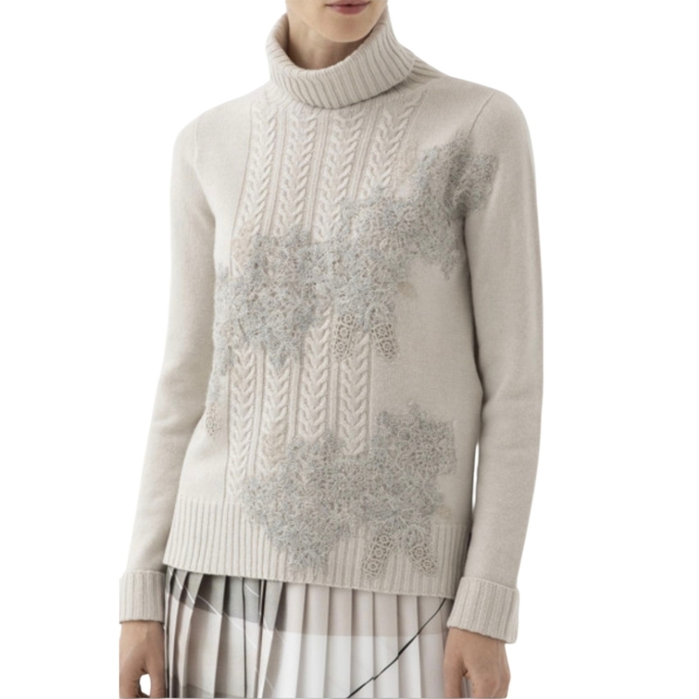D.Exterior Italy Cable Knit Turtleneck Sweater XL Wool Silk Cashmere Cream